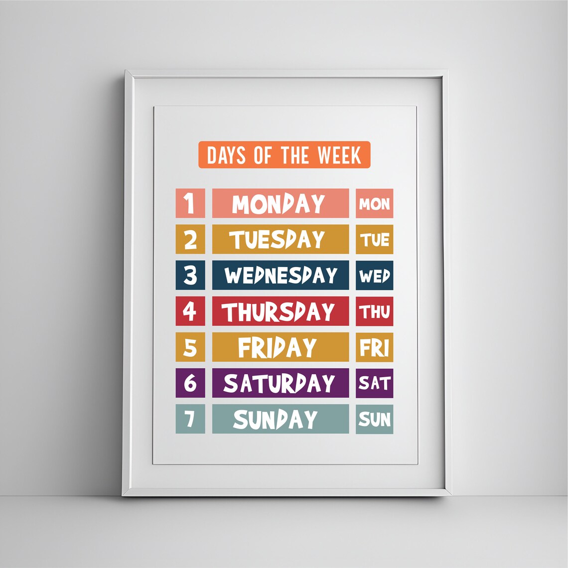 Days of the Week Colorful Classroom Chart Kids Learning Wall Art