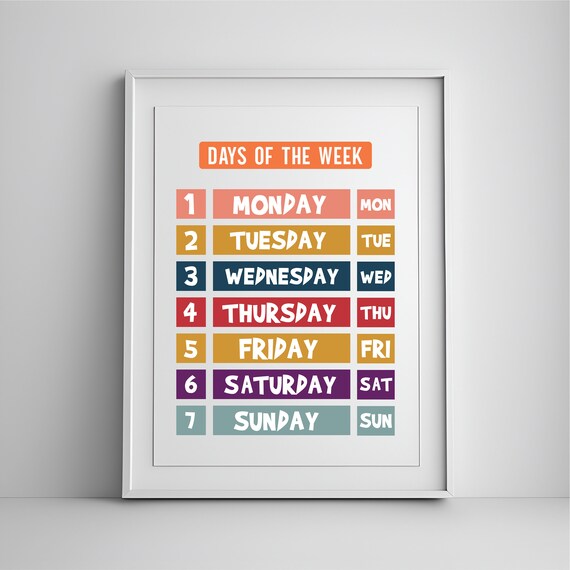 Days of the Week Colorful Classroom Chart Kids Learning Wall Art