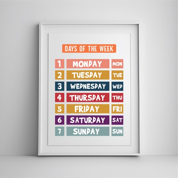 Days Of The Week Nursery Print Classroom Art Homeschool Resource Learning Kids School Wall