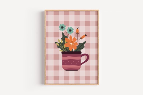Vintage Floral Bouquet In Cup Pink Checkered Botanical Print Art