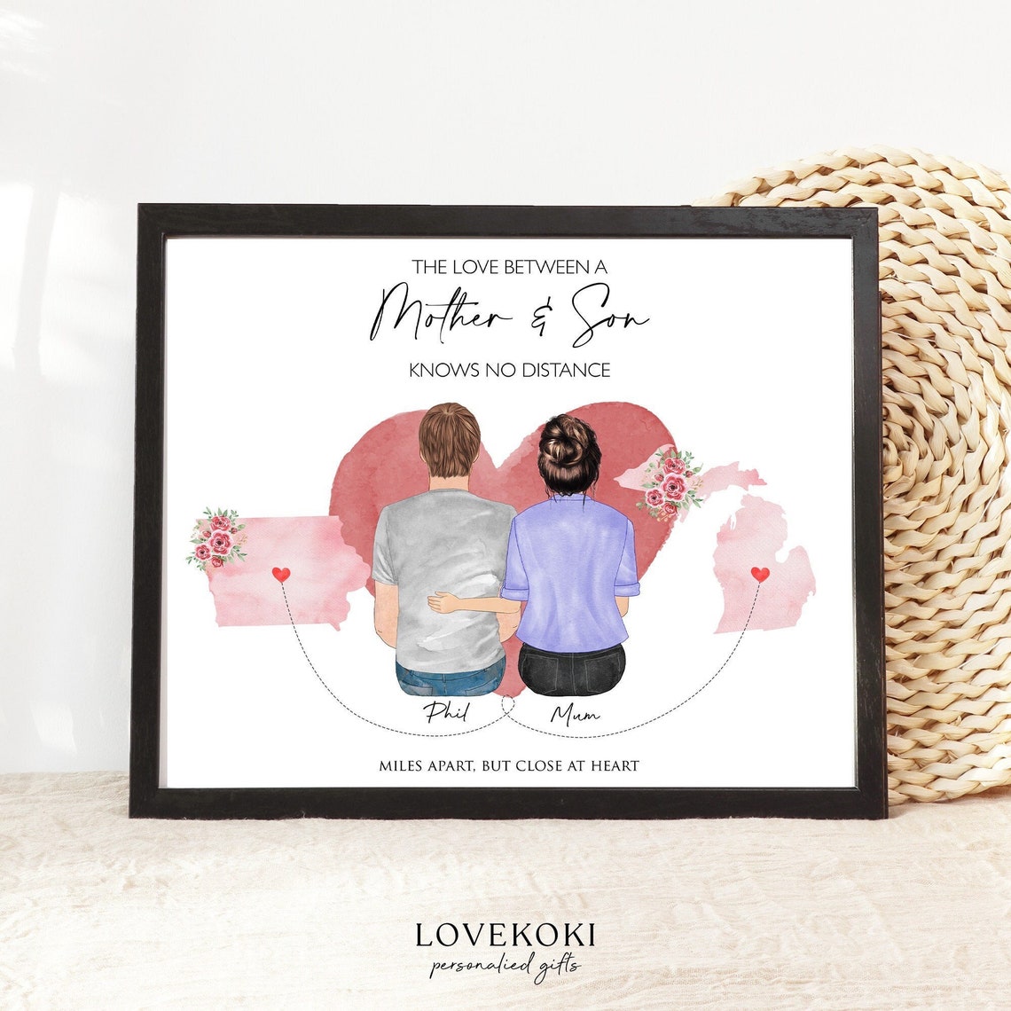 Mother and Son Long Distance Custom State Map Heart Love Poster