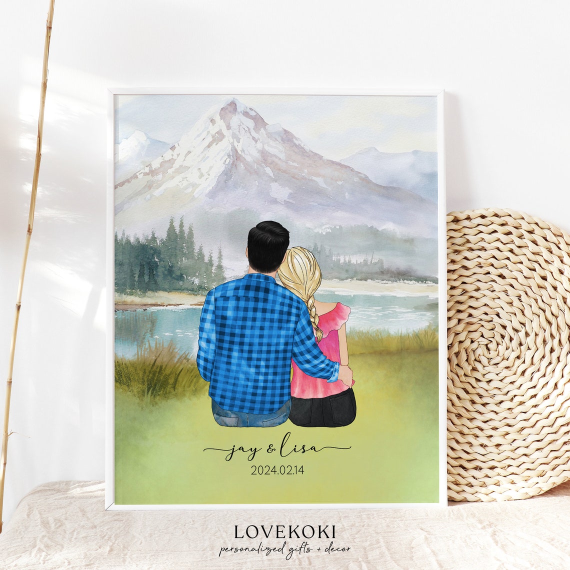 Custom Couple by a Mountain Lake Personalized Keepsake Portrait Poster