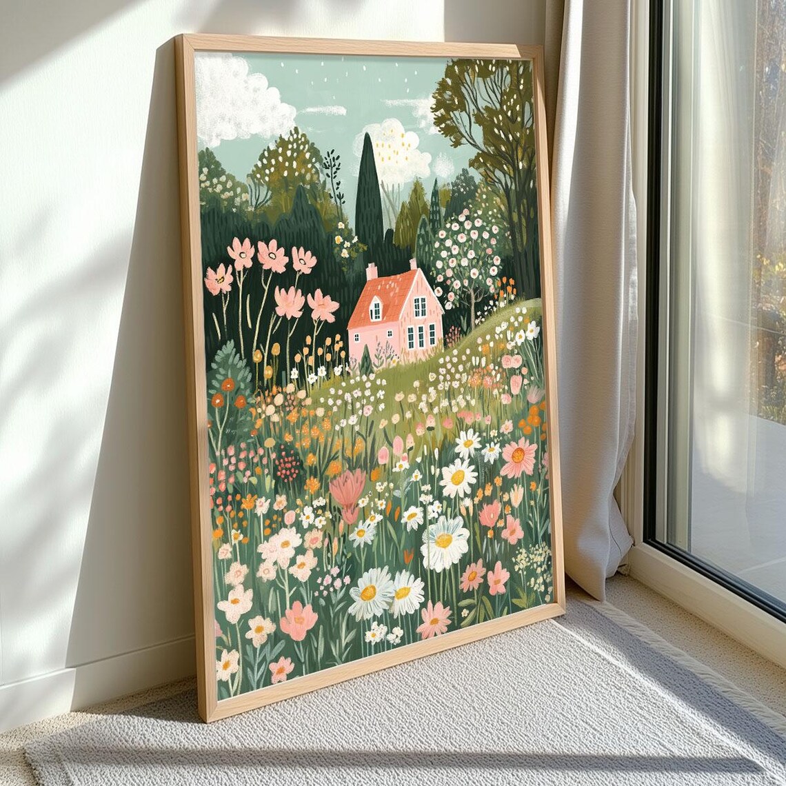 Pink Cottage In Wildflower Meadow Whimsical Storybook Home Art Poster - Image 4