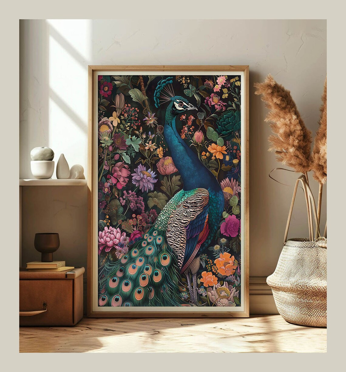 Colorful Peacock Among Flowers Dark Botanical Garden Night Art Poster