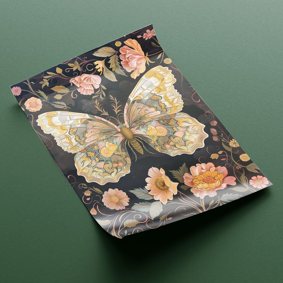 Golden Butterfly On Dark Ground With Pink Flowers Ornate Insect Poster - Image 2