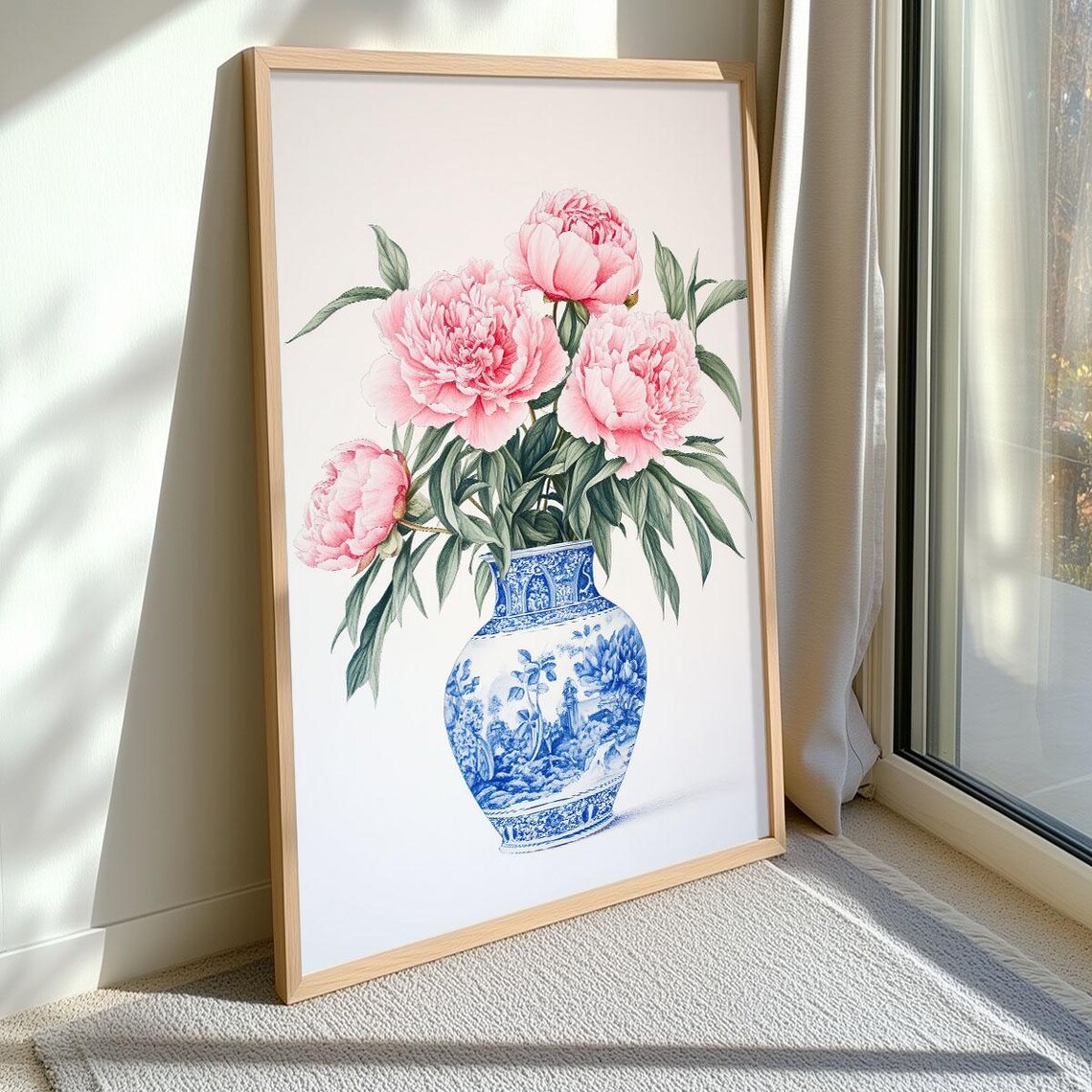 Classic Pink Peonies Blue Porcelain Vase Botanical Floral Wall Art - Image 3