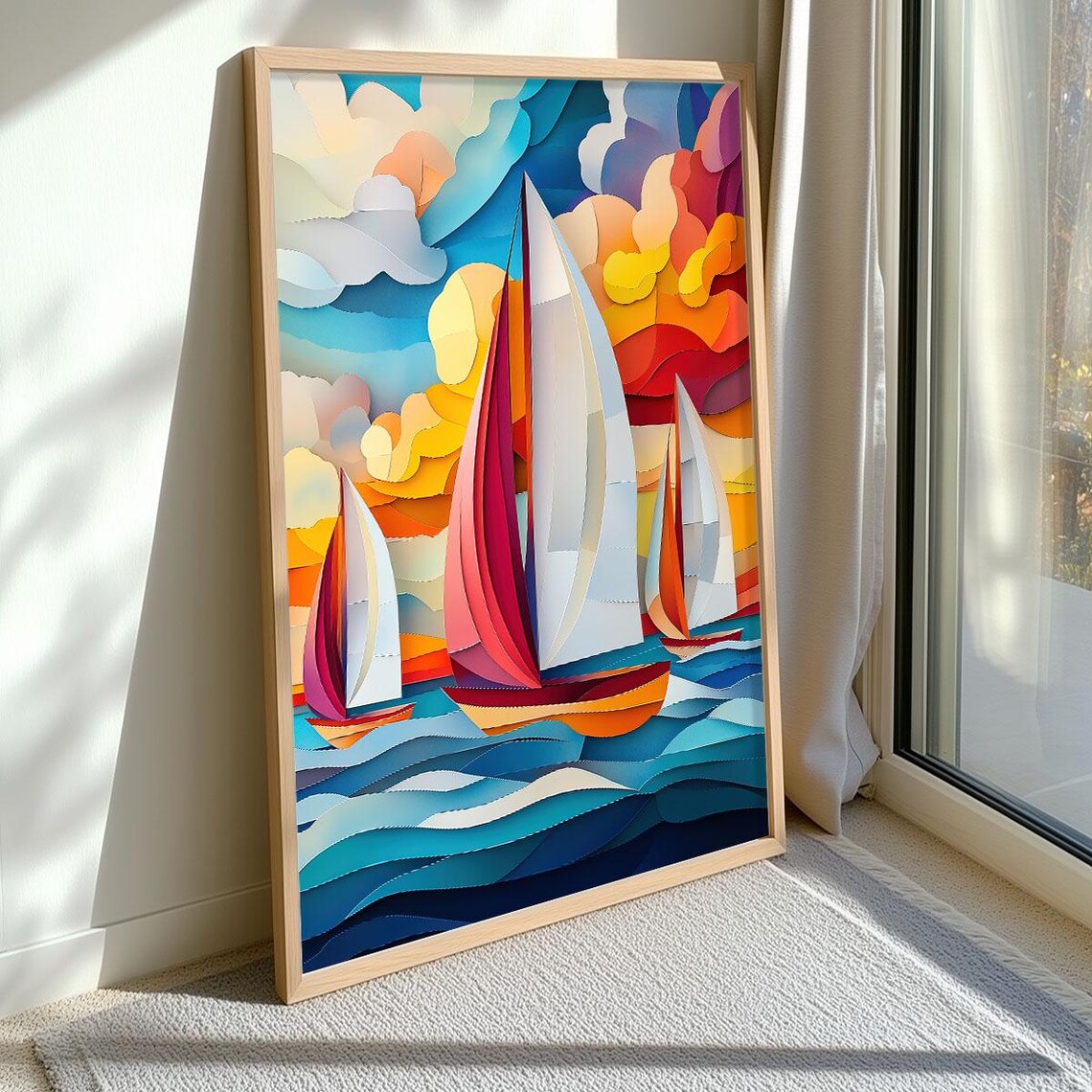 Colorful Sailboats Paper Cut Style Modern Ocean Sailing Wall Art - Image 3