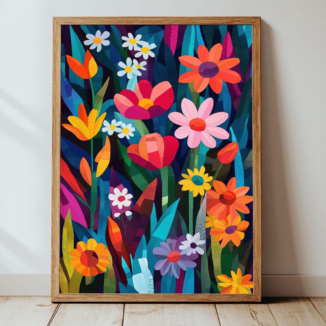 Vibrant Floral Garden Bright Flowers Dark Background Wall Art