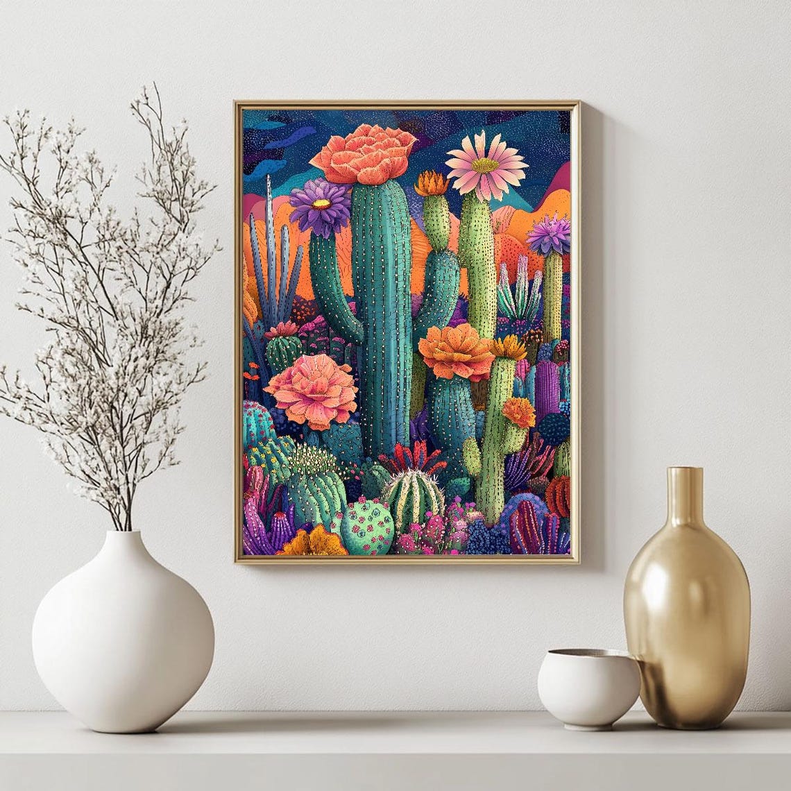 Tall Blooming Cacti With Giant Flowers Neon Desert Night Scene Poster - Image 2
