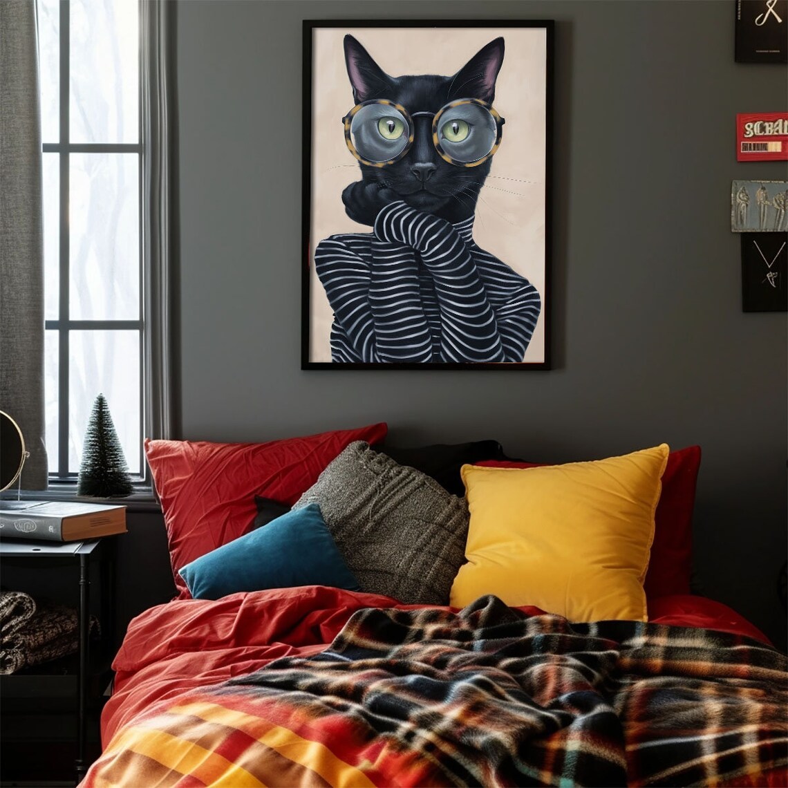 Black Cat Wearing Round Glasses And Striped Turtleneck Fun Cat Poster - Image 4