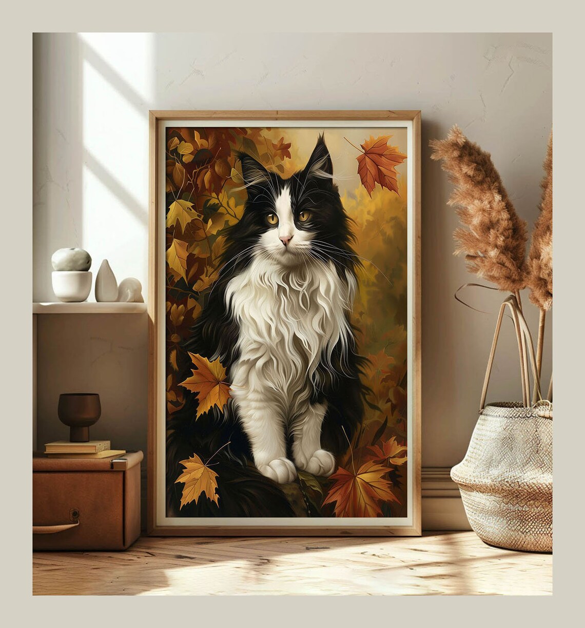 Black And White Longhair Cat Autumn Leaves Golden Fall Poster