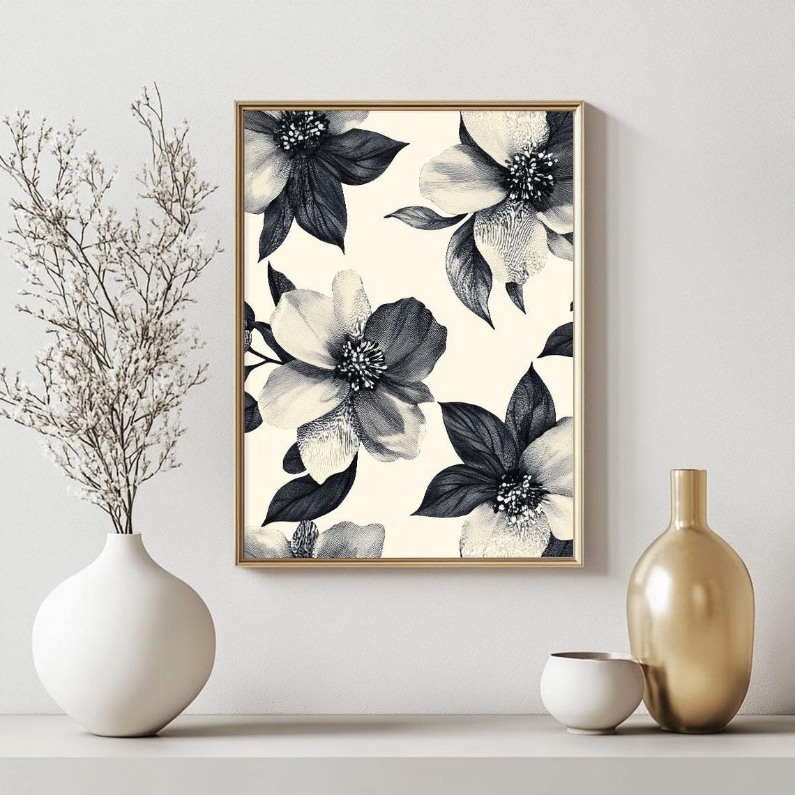 Black and White Monochrome Floral Pattern Elegant Botanical Wall Art - Image 2