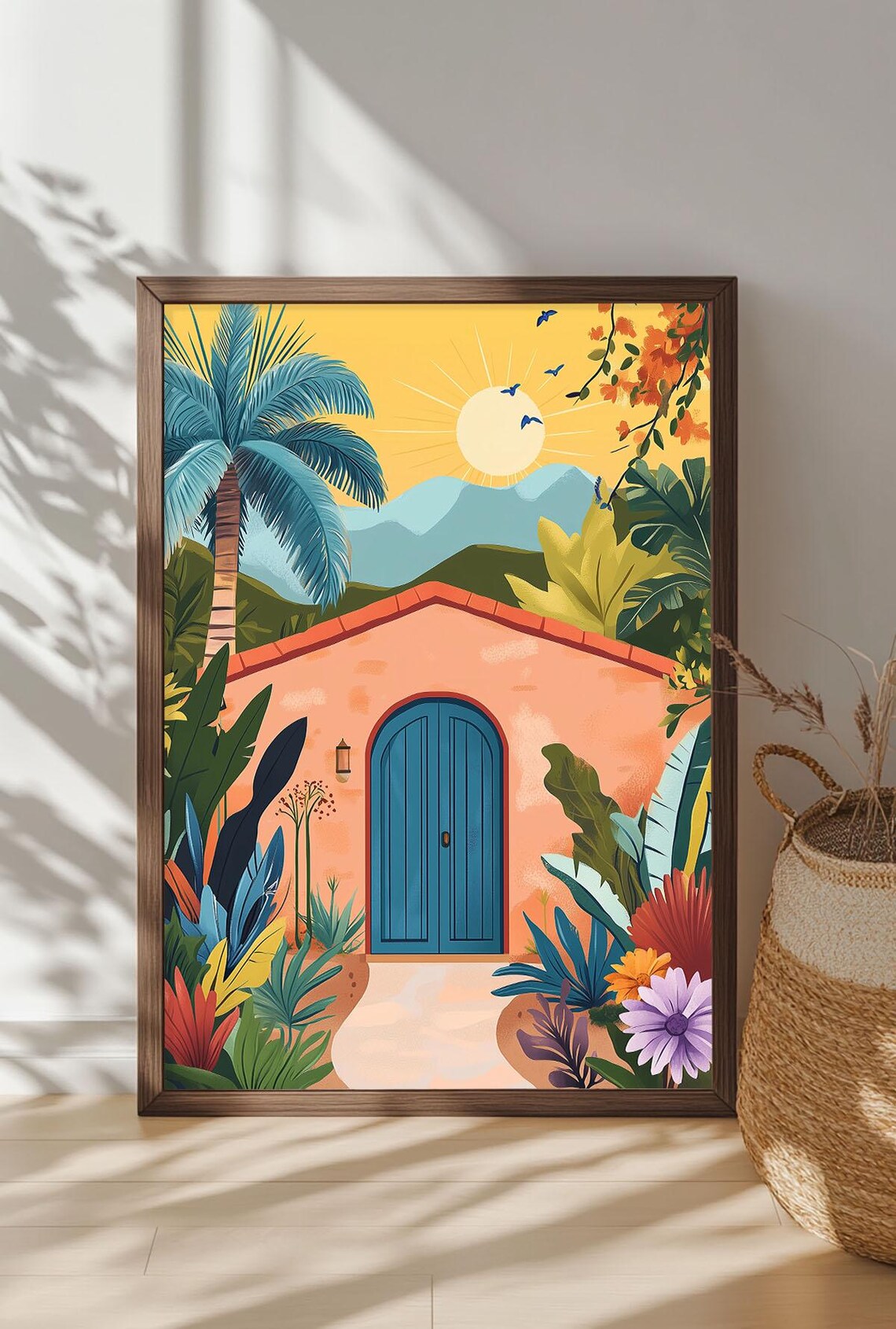 Tropical Villa With Blue Door Palm Trees Sunny Courtyard Scene Poster - Image 4