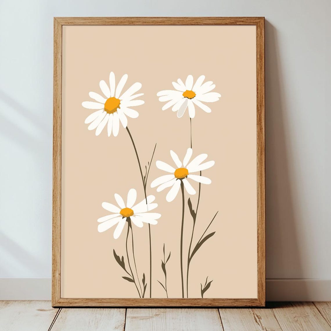 White Daisy Modern Minimalist Botanical Beige Floral Wall Art