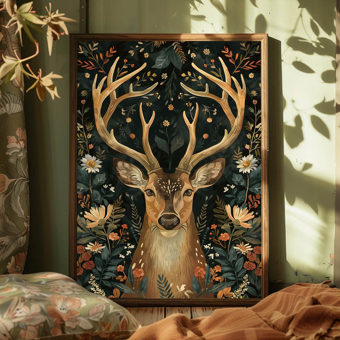 Deer With Large Antlers Dark Botanical Floral Woodland Poster - Image 4