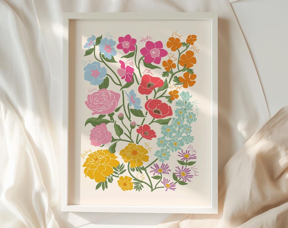 Personalized Birth Flower Family Bouquet Colorful Floral Poster