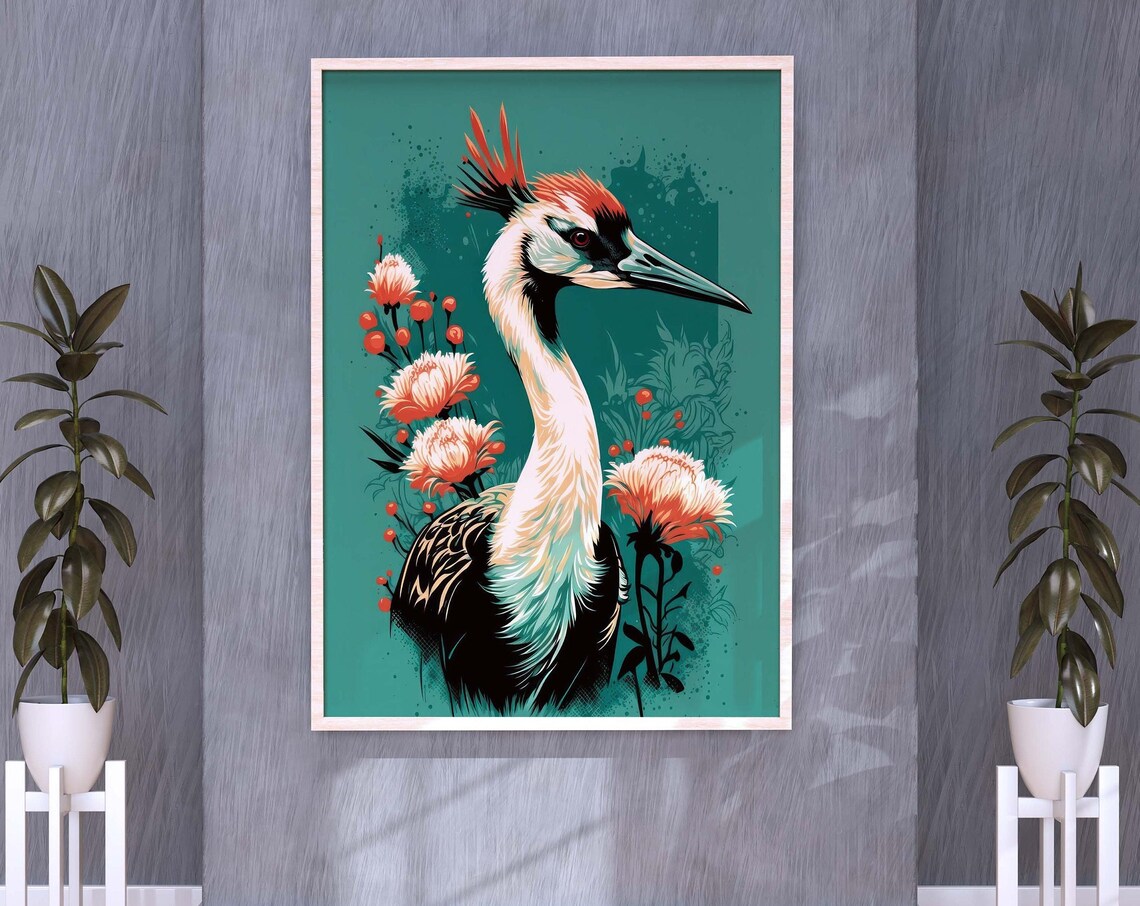 Japanese Crane Bird Portrait Art Print, Oriental Floral - Image 3