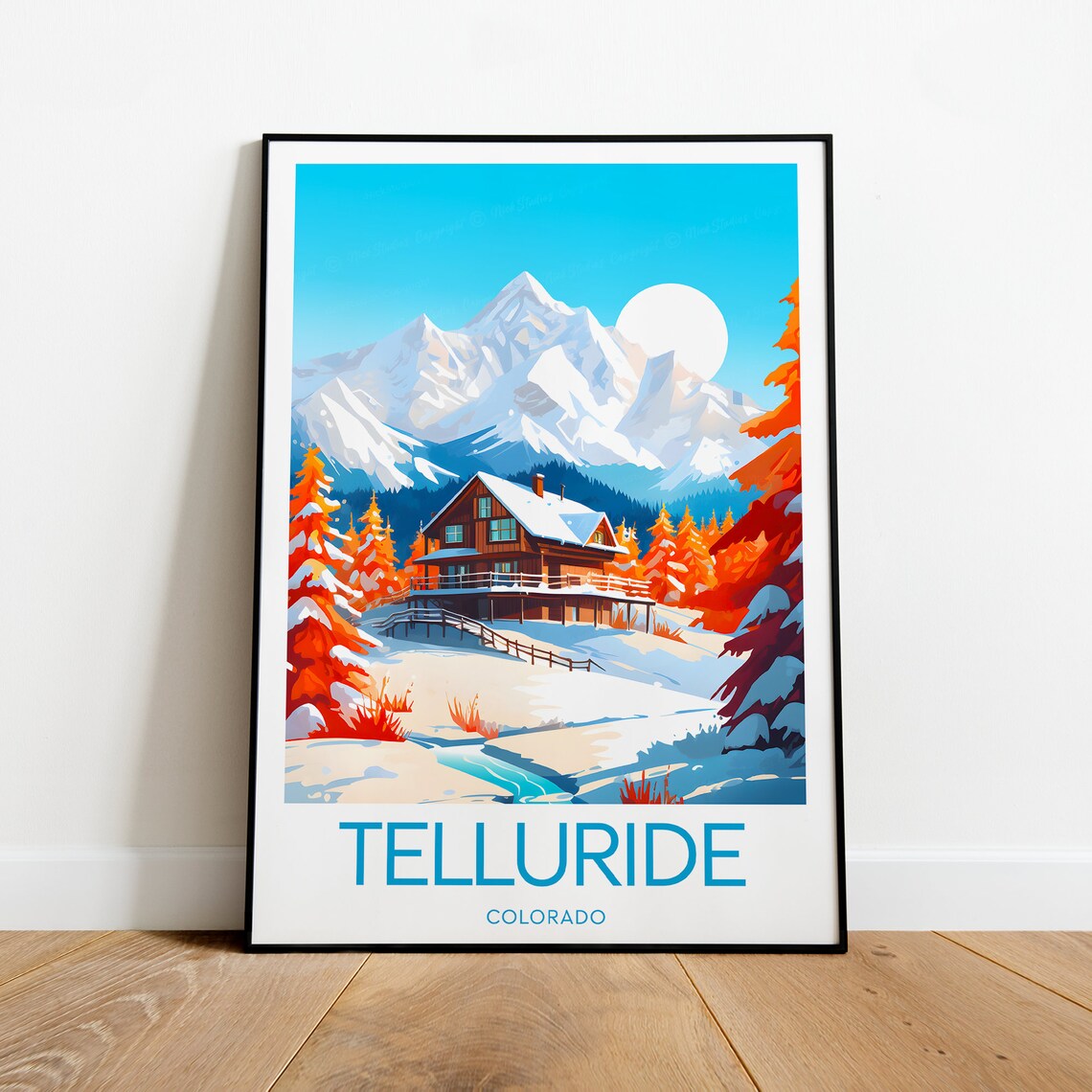 Telluride Colorado Log Cabin Under Snowy Summit Travel Poster