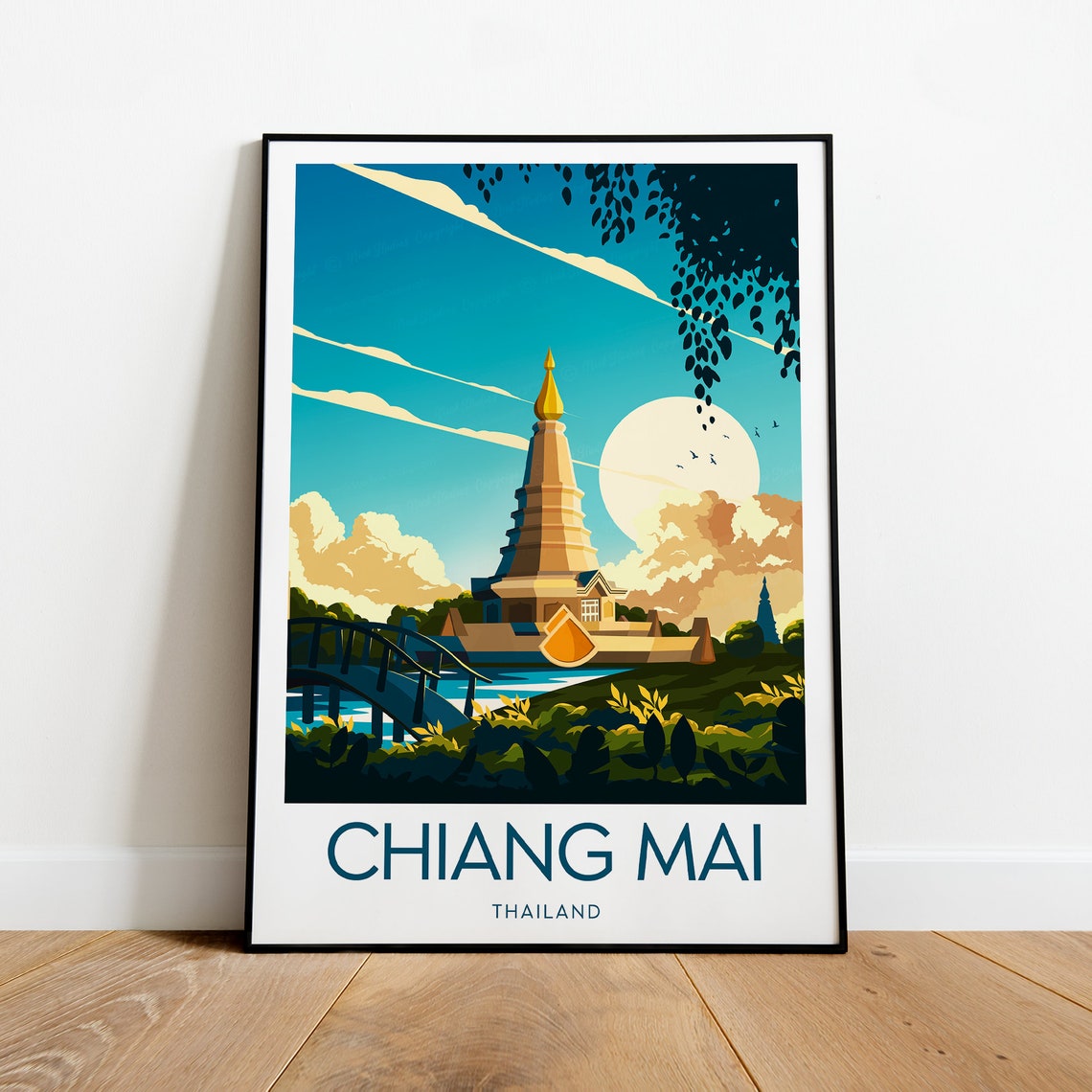 Chiang Mai Golden Temple Under the Sun Thailand Vintage Travel Poster