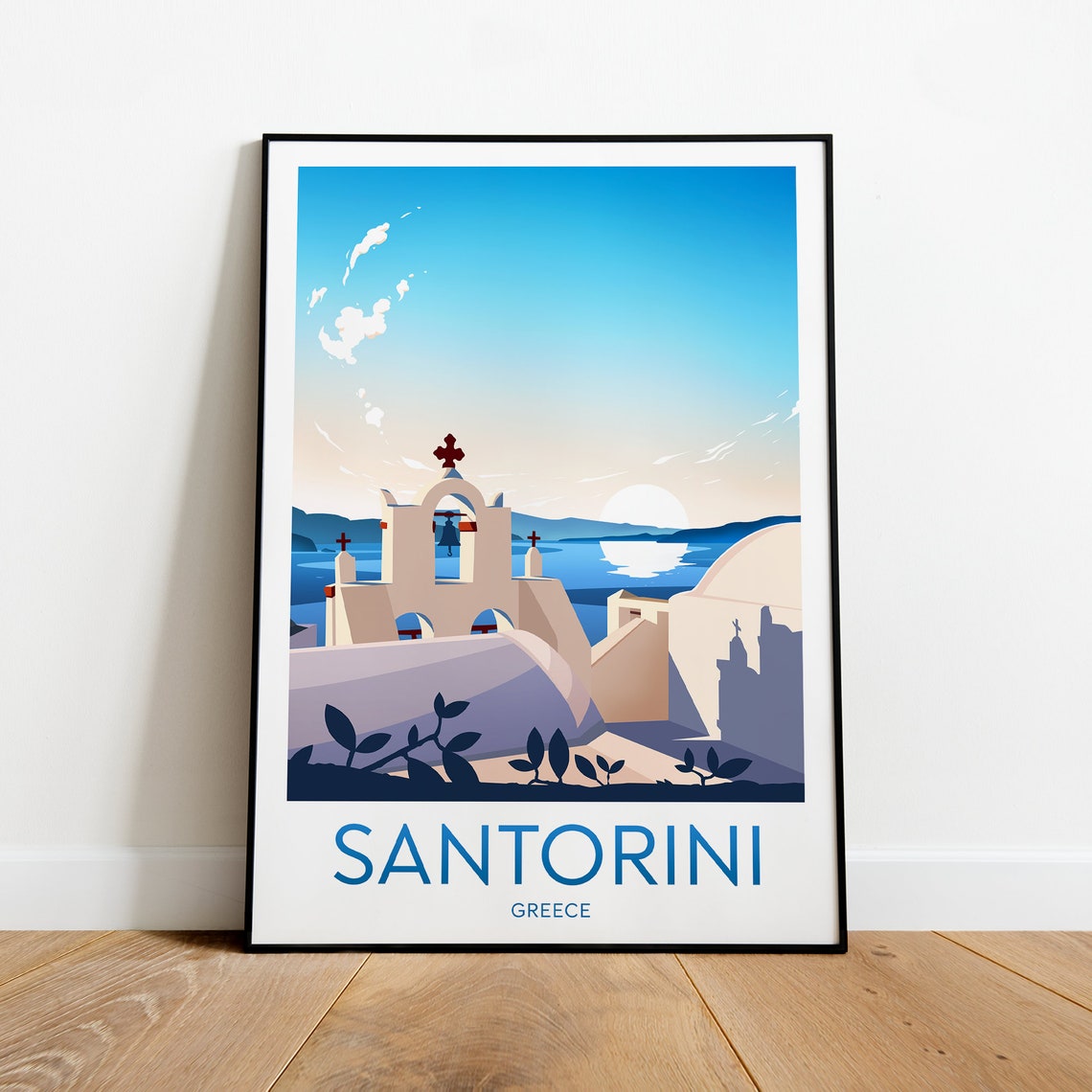 Santorini Greece Whitewashed Church Sunset Aegean Travel Poster