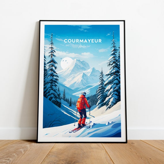 Courmayeur Traditional Travel Print Italy Ski Resort Courmayeur Poster Wedding Gift Birthday