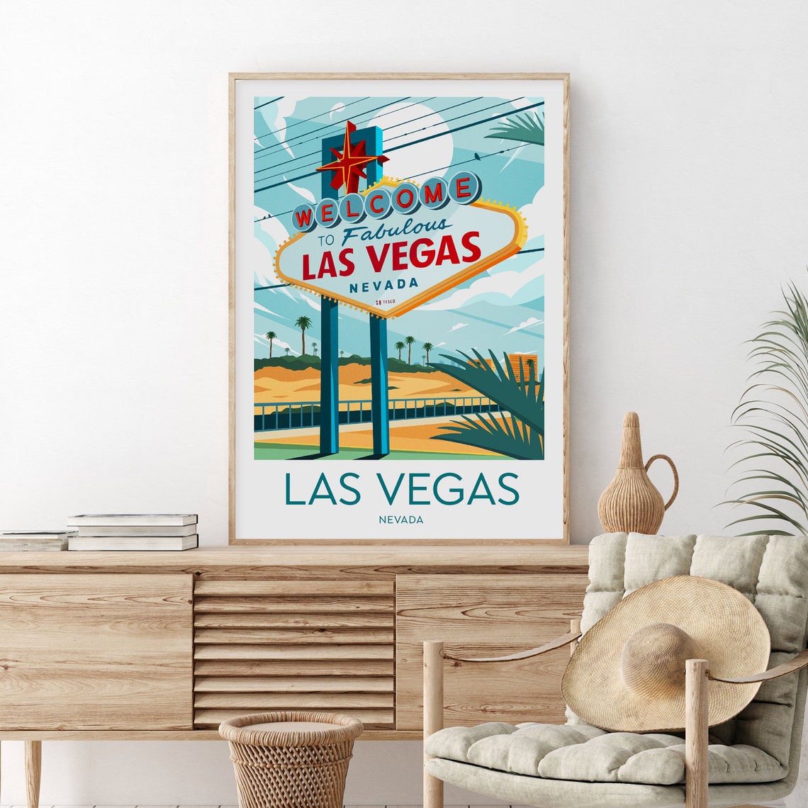 Las Vegas Iconic Welcome Sign Under a Full Moon Nevada Travel Poster