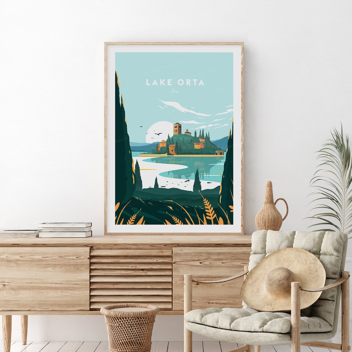 Lake Orta Italy Island Church Cypress Moonlit Water Travel Poster