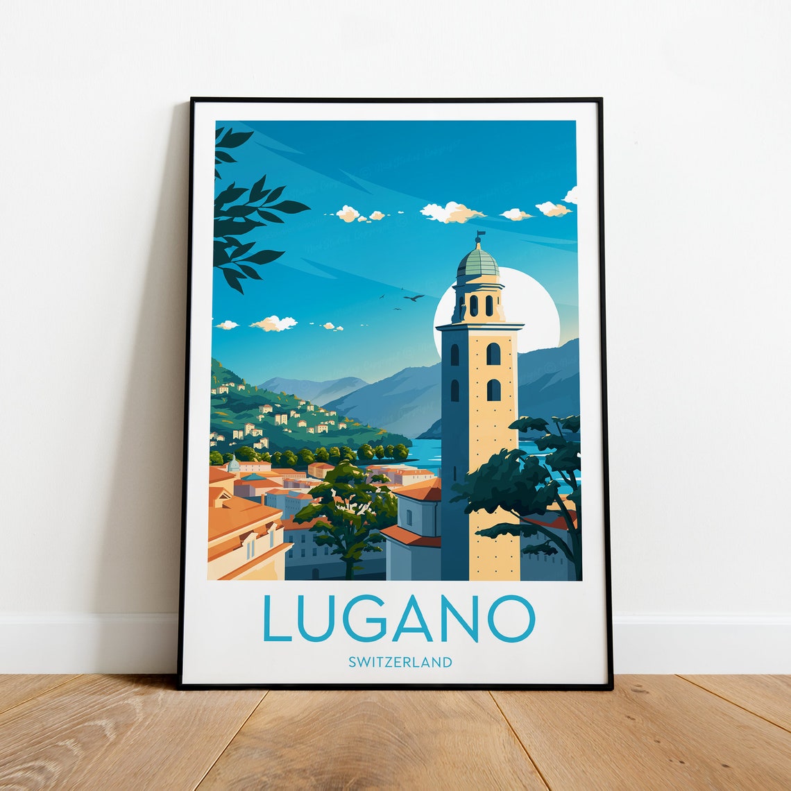Lugano Switzerland Lakeside Bell Tower Old Town Skyline Poster