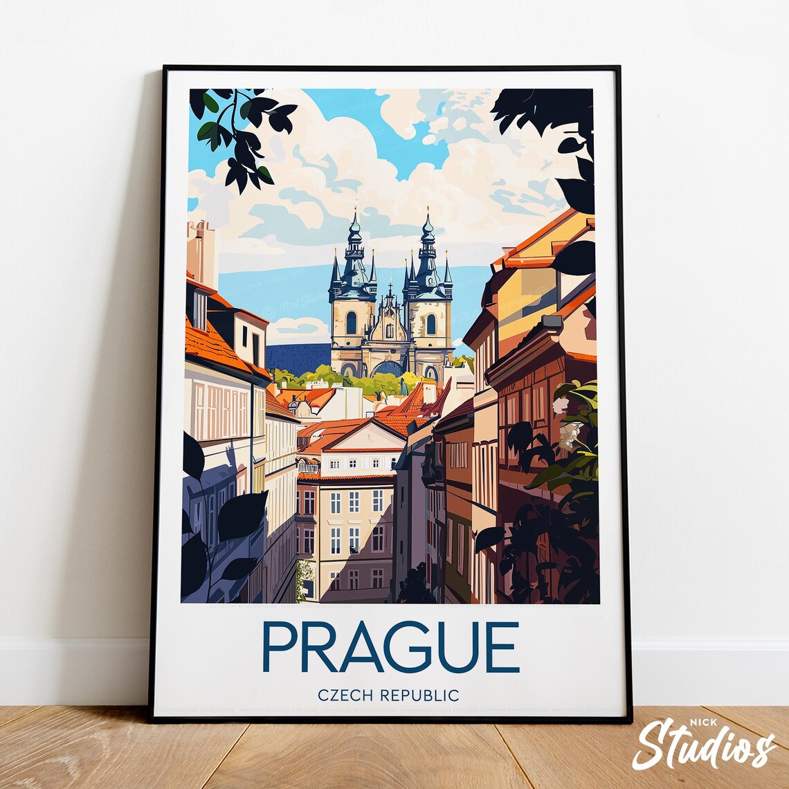 Prague Czech Republic Old Town Street Twin Spires Travel Poster