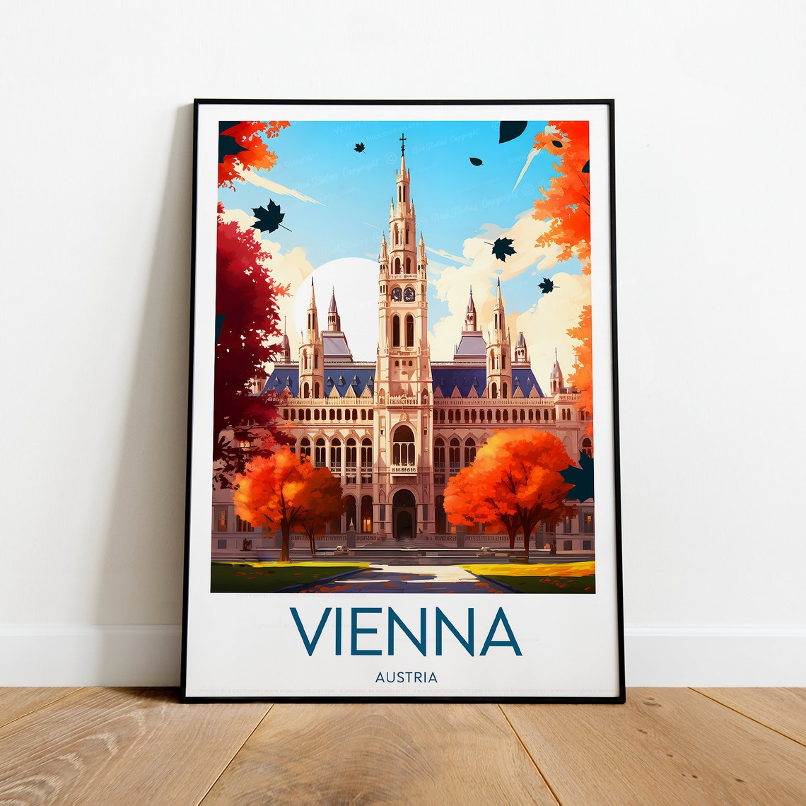 Vienna Austria Grand City Hall Autumn Leaves Fall Travel Poster