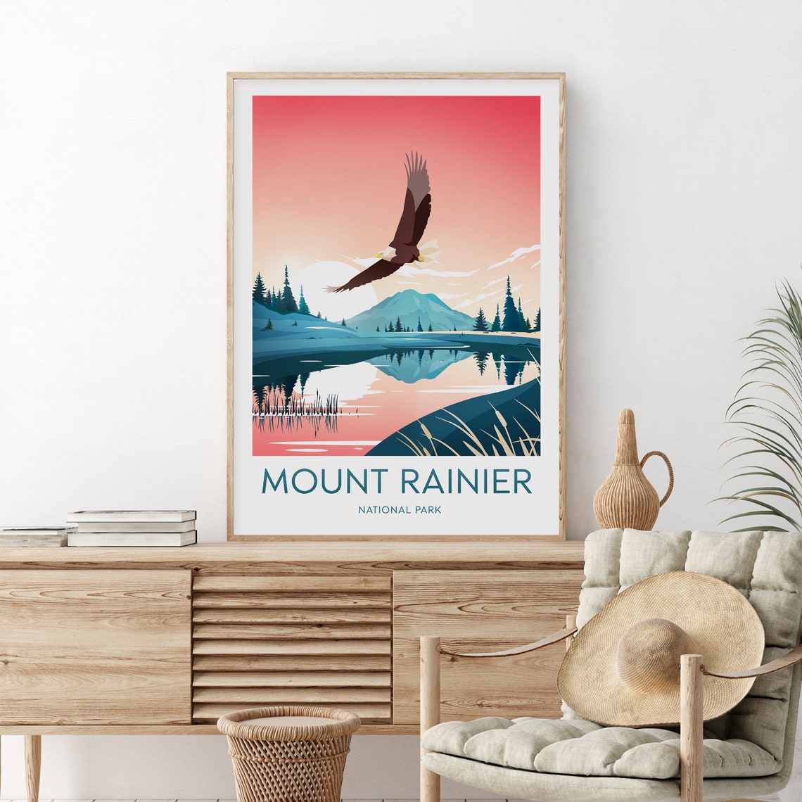 Mount Rainier National Park Eagle at Sunset Vintage Travel Poster