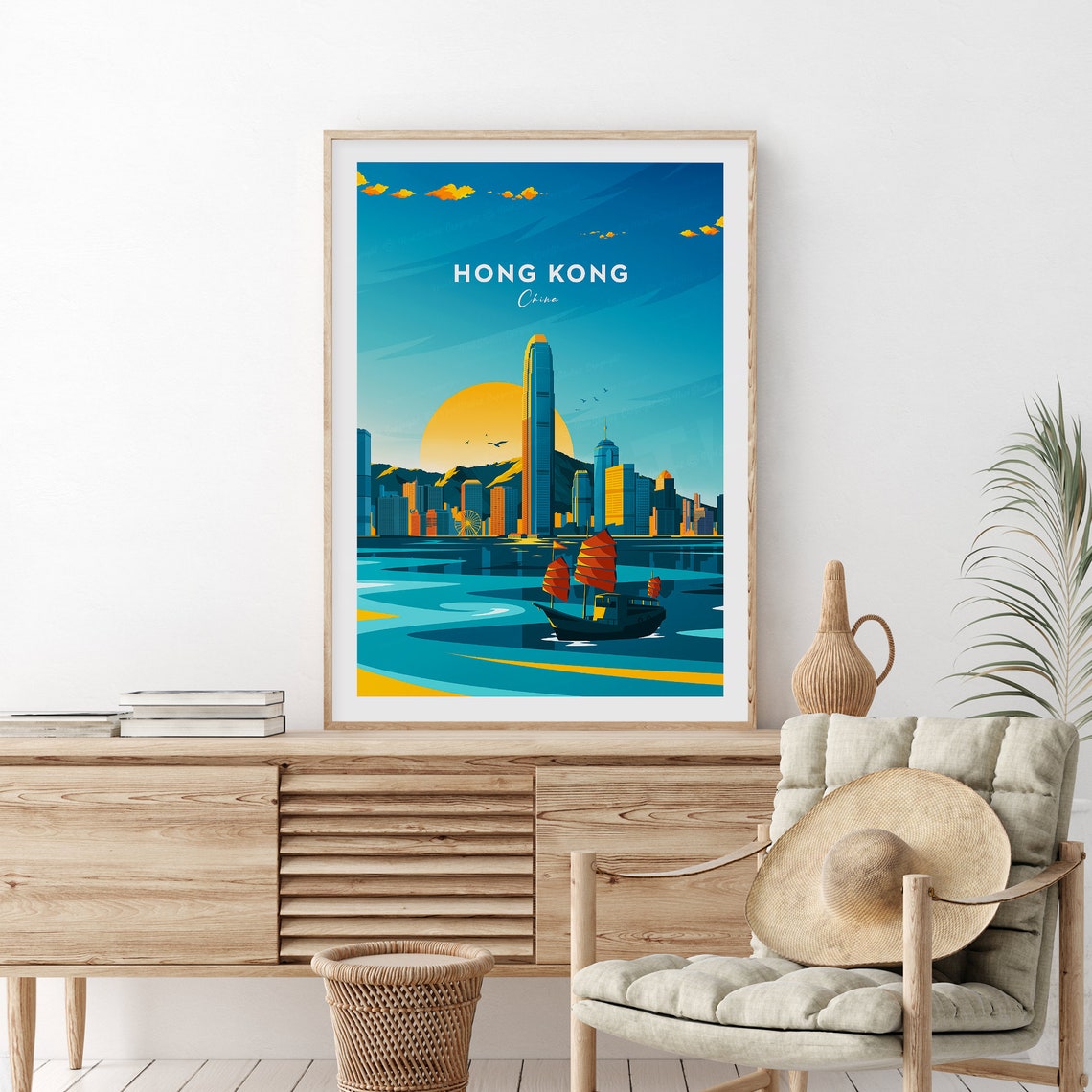 Hong Kong China Harbor Skyline Vintage Travel Poster Artwork