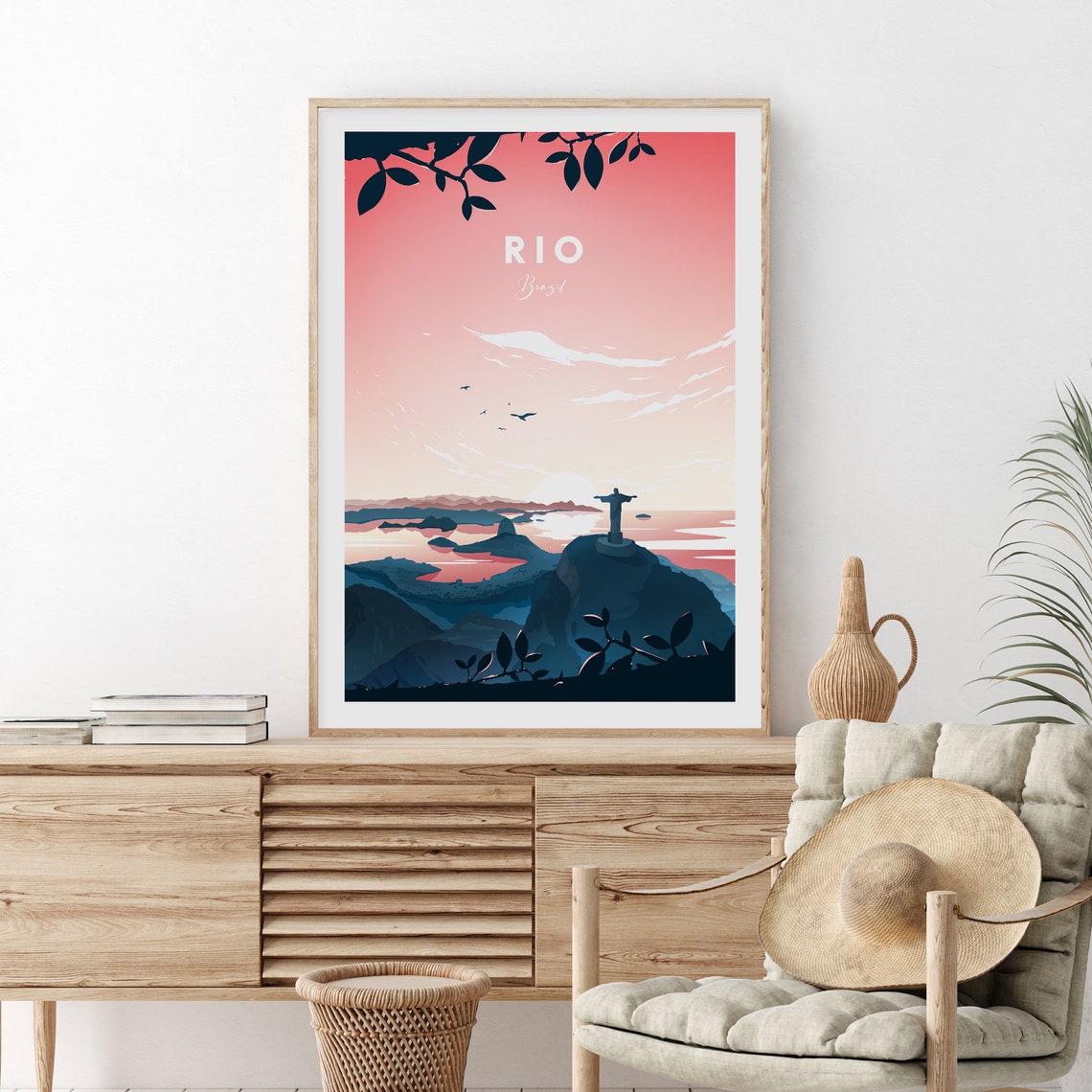 Rio Brazil Christ Redeemer Sunset Pink Sky Vintage Travel Poster