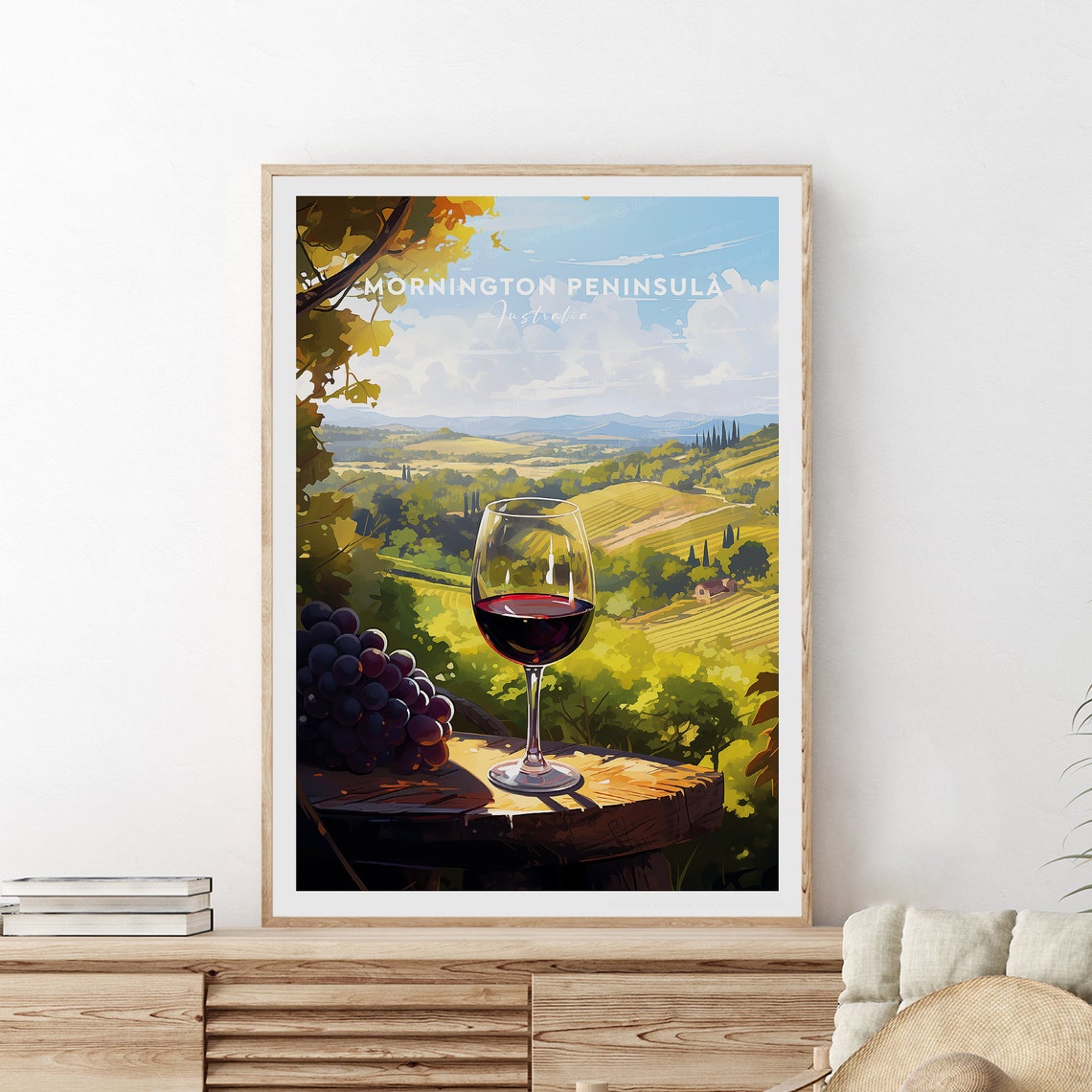 Mornington Peninsula Red Wine Glass Over Vineyard View Poster