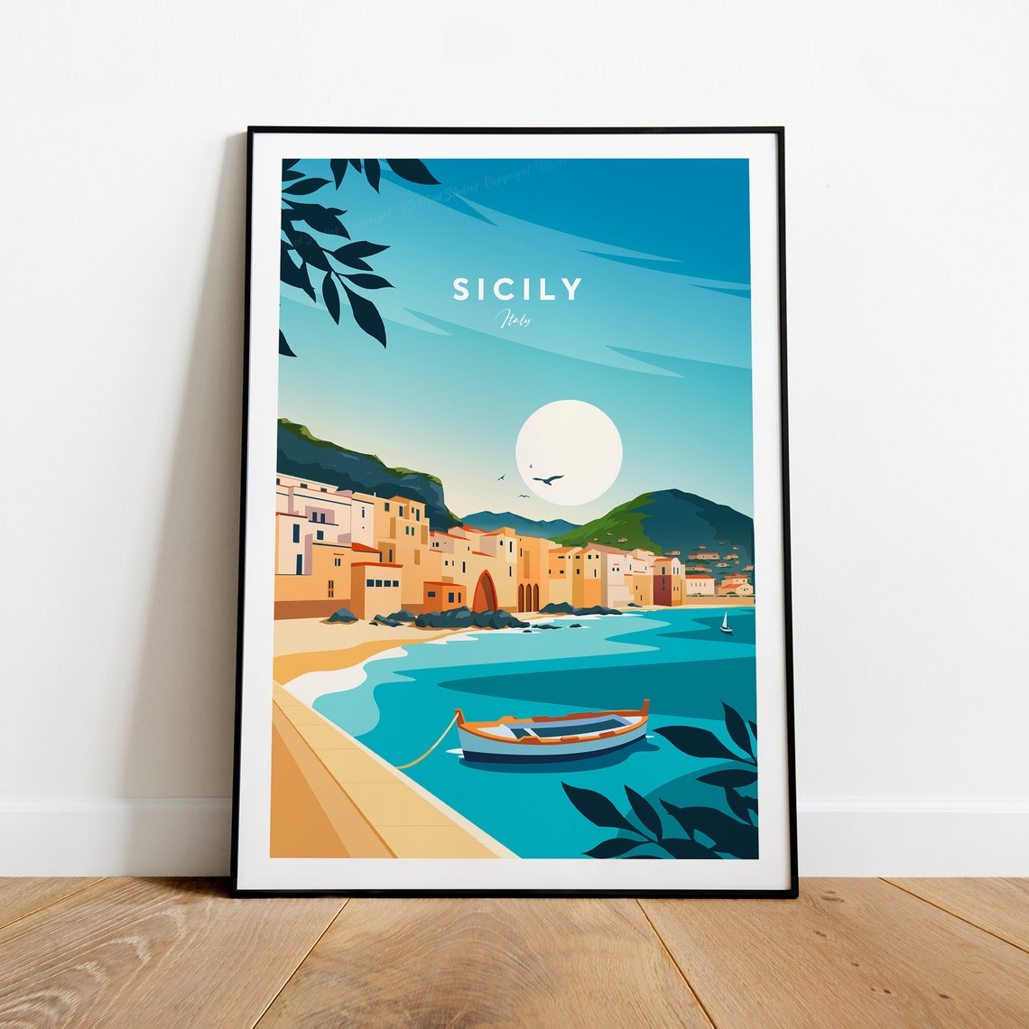 Sicily Italy Seaside Town Pastel Houses Turquoise Bay Travel Poster - Image 2