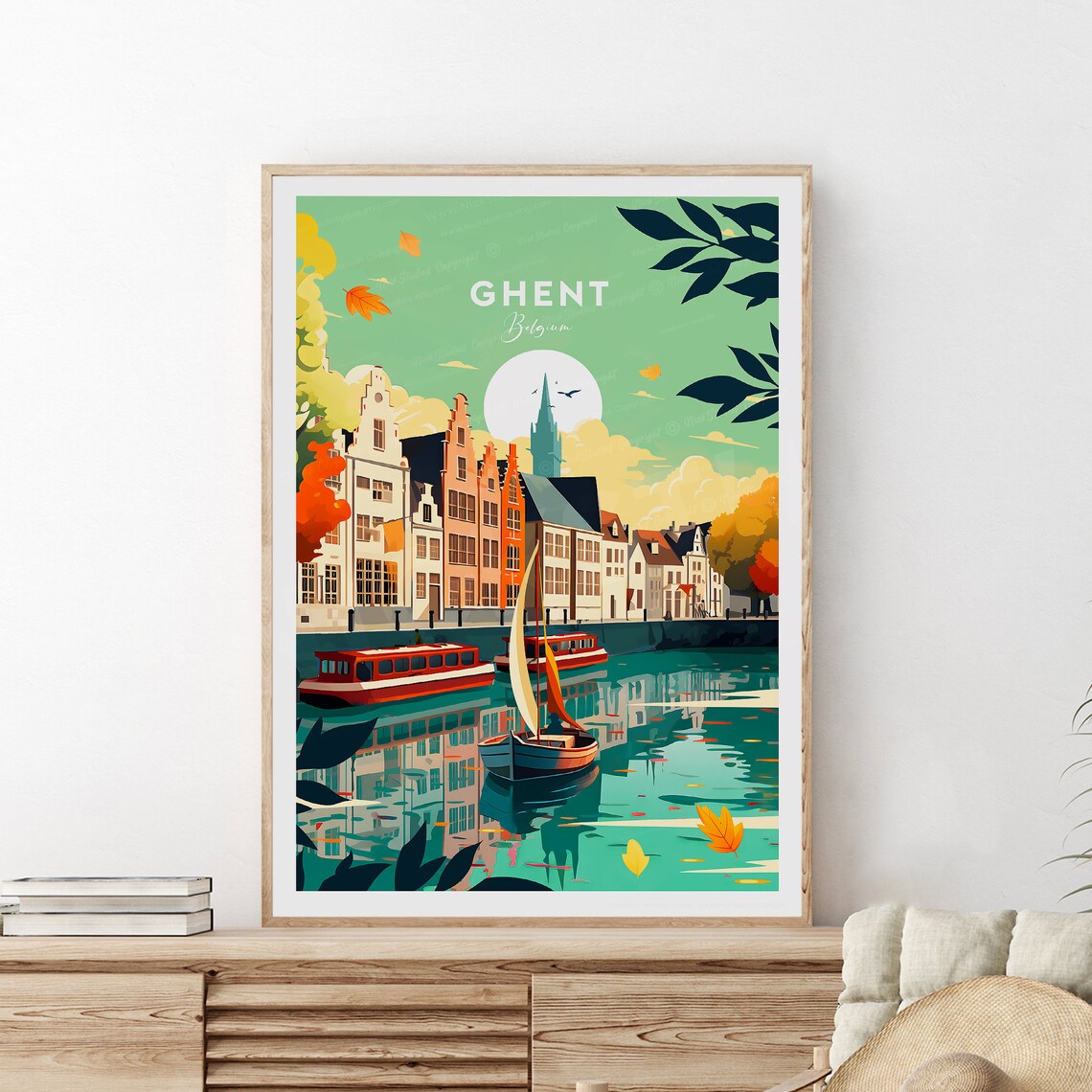 Ghent Belgium Canal Boats and Autumn Leaves Vintage Travel Poster - Image 2