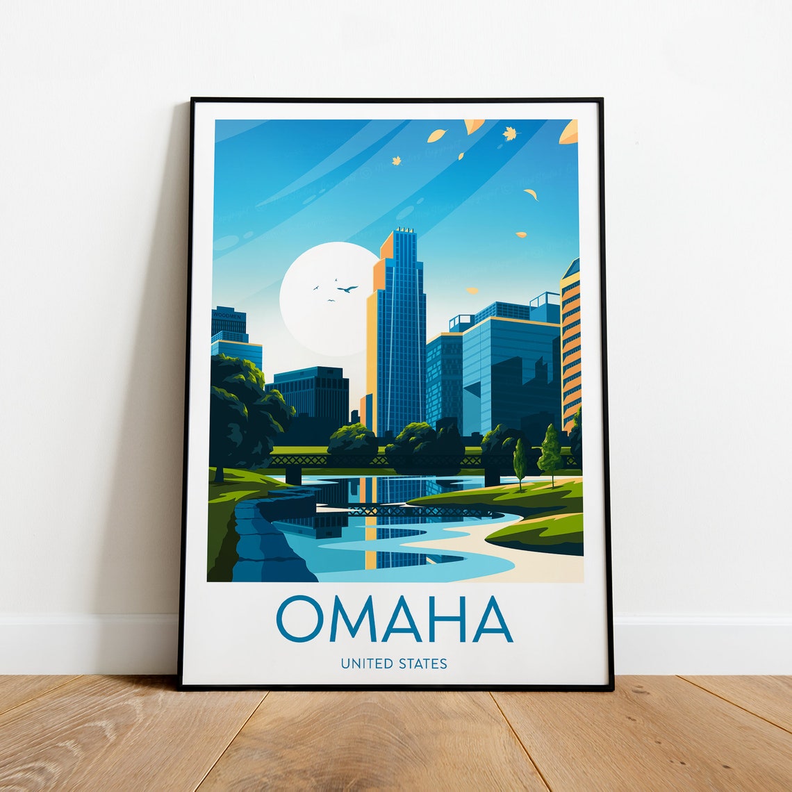 Omaha Nebraska City Skyline River Moonlight Urban Travel Poster