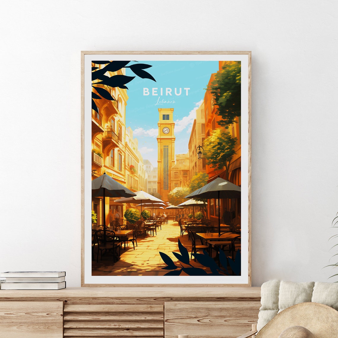 Beirut Lebanon Old City Clock Tower Street Cafe Scene Travel Poster