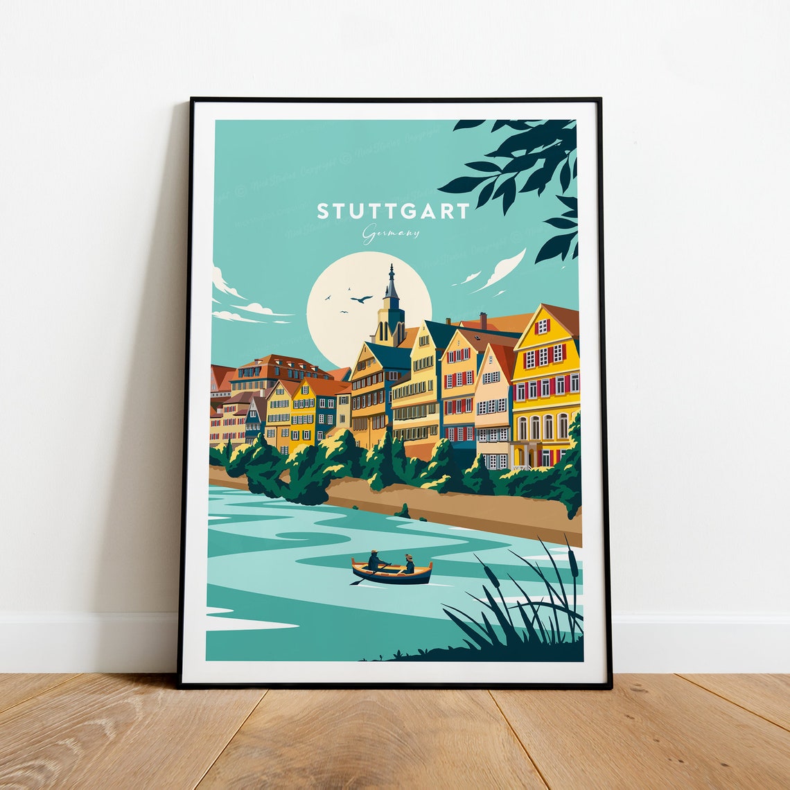Stuttgart Germany Old Town Riverside Houses Flat Style Travel Poster