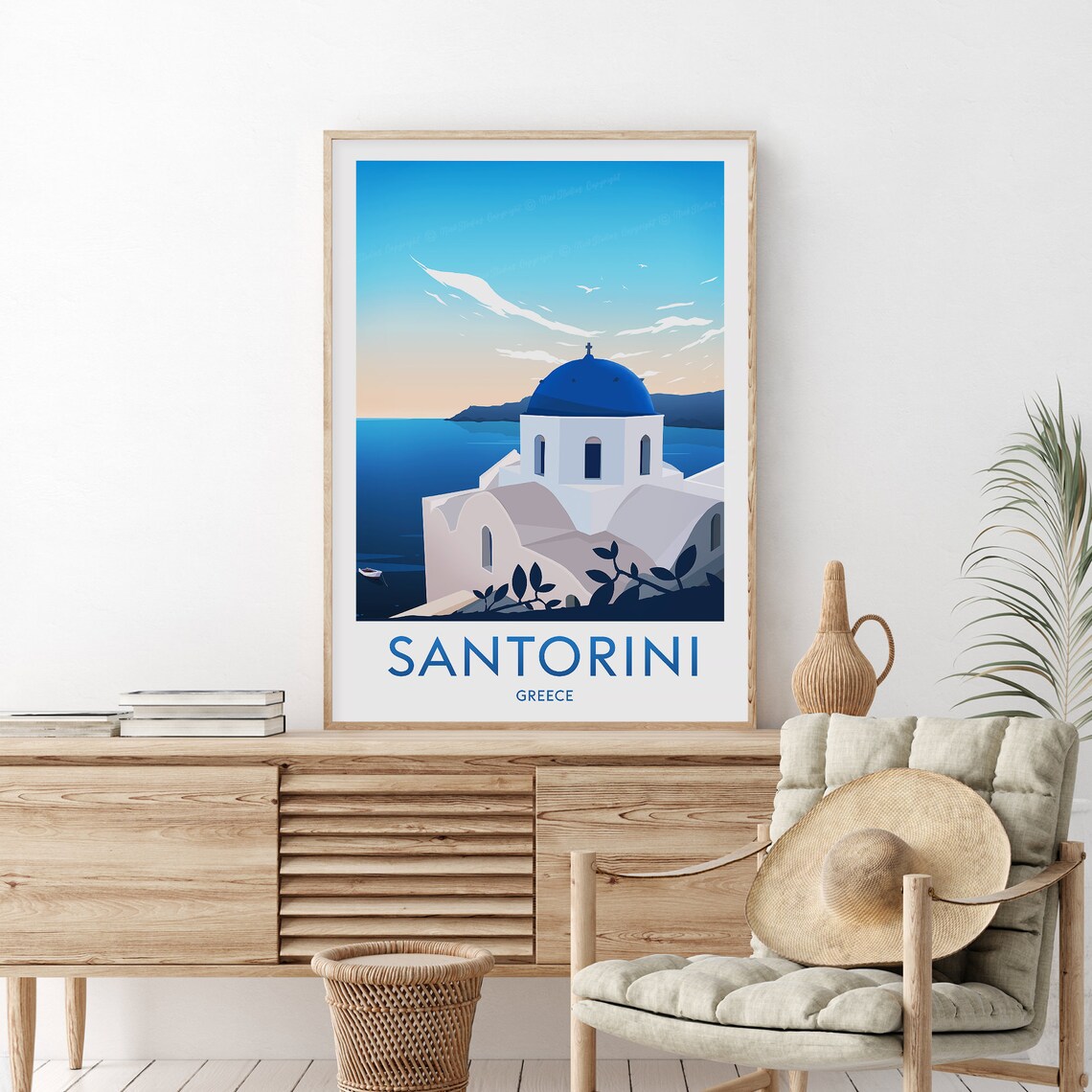 Santorini Greece Blue Domed Church Aegean Island Seascape Poster - Image 2