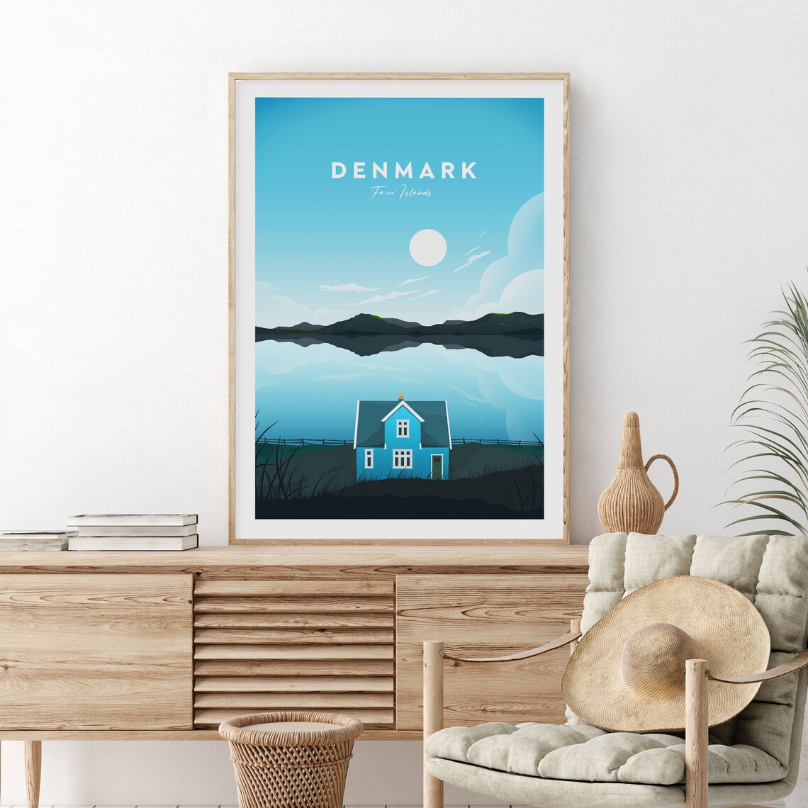 Faroe Islands Denmark Nordic Cottage Fjord Retro Travel Poster - Image 2