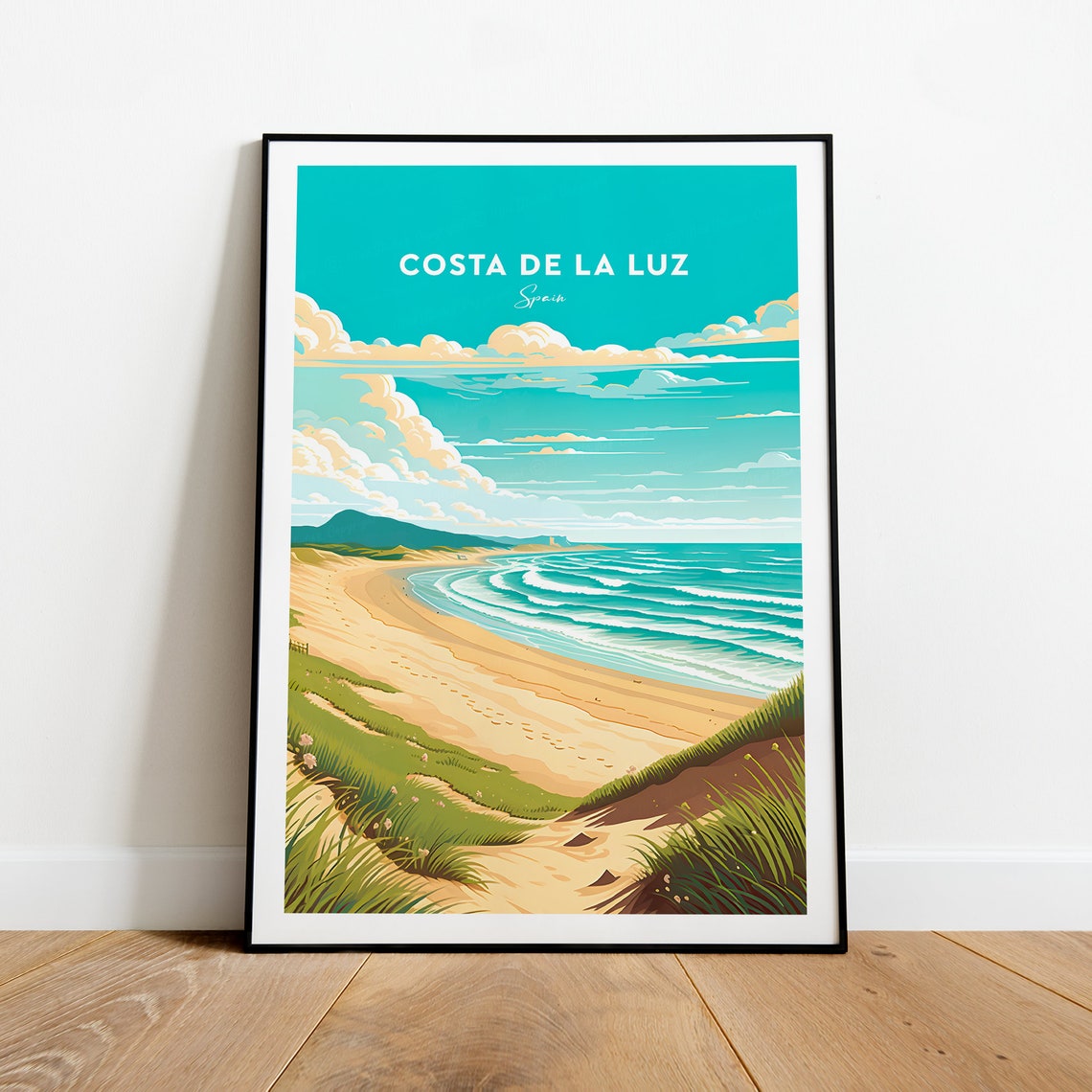 Costa De La Luz Spain Empty Beach Dunes Turquoise Waves Travel Poster