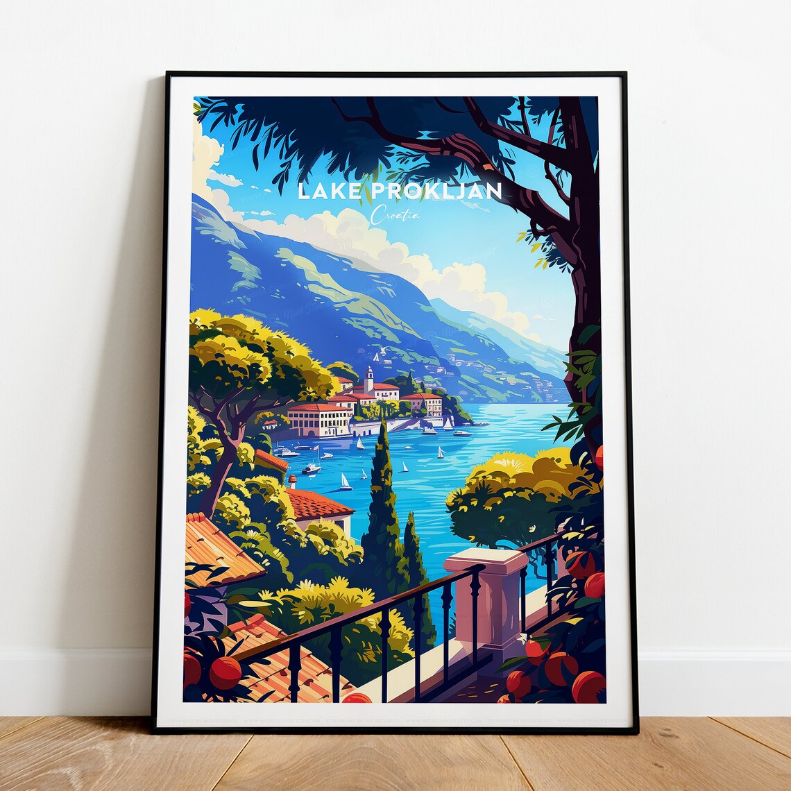 Lake Prokljan Croatia Lakeside Village Mountains View Travel Poster - Image 2