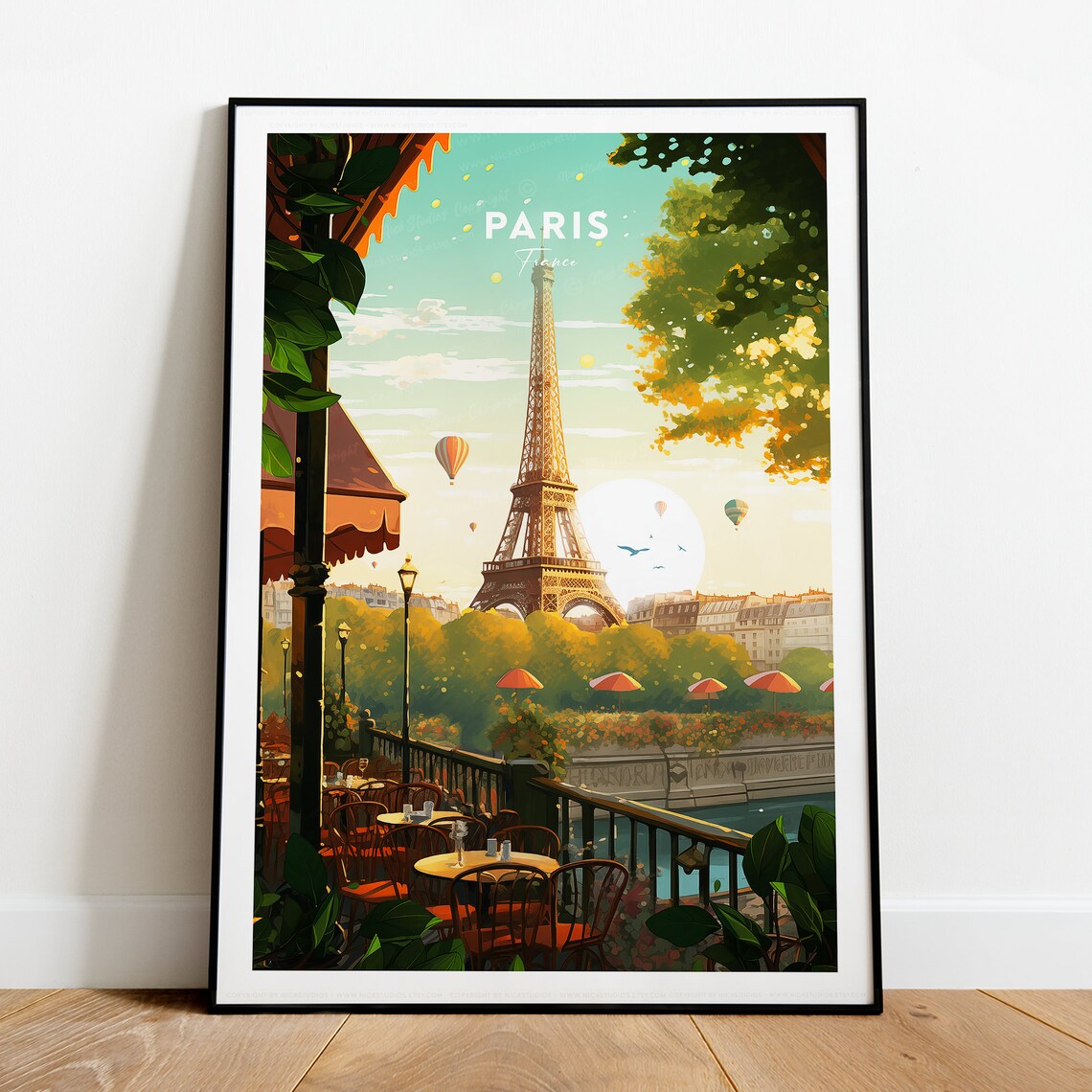 Paris France Eiffel Tower Cafe Terrace Balloon Sunny Travel Poster - Image 2