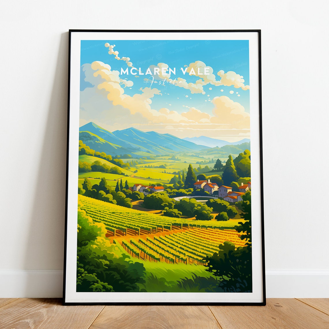 McLaren Vale Vineyard Rows beneath Rolling Village Hills Poster - Image 2