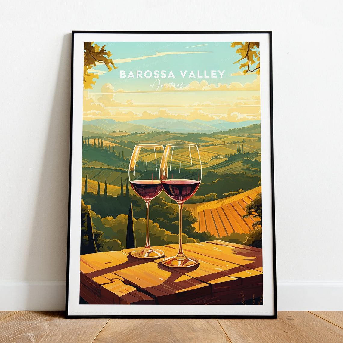 Barossa Valley Two Red Wine Glasses Over Golden Hills Poster - Image 2