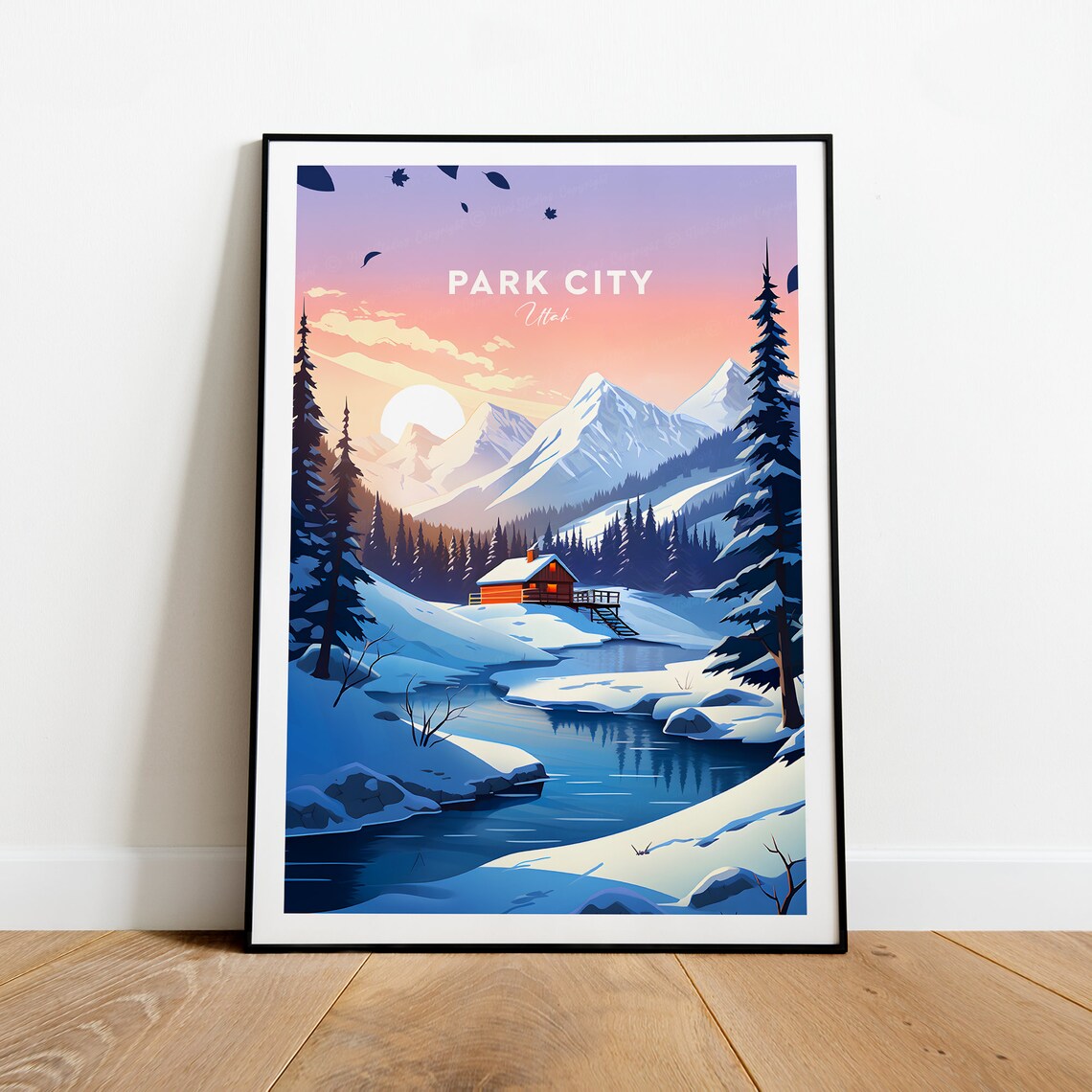Park City Utah Snowy Mountain Cabin Frozen River Sunset Poster - Image 2