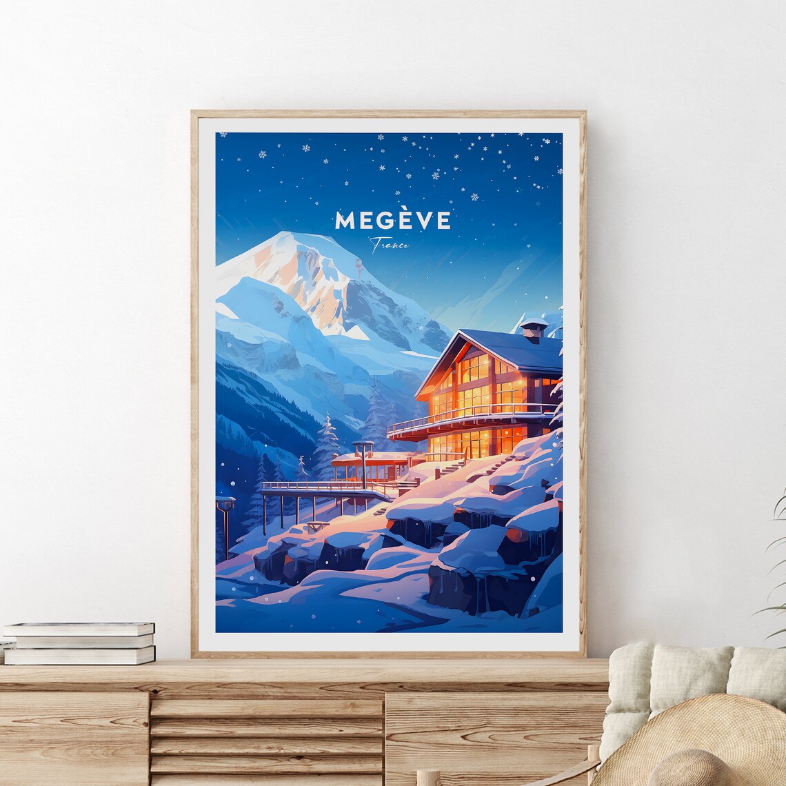 Megeve France Snowy Mountain Chalet Night Lights Ski Travel Poster - Image 2