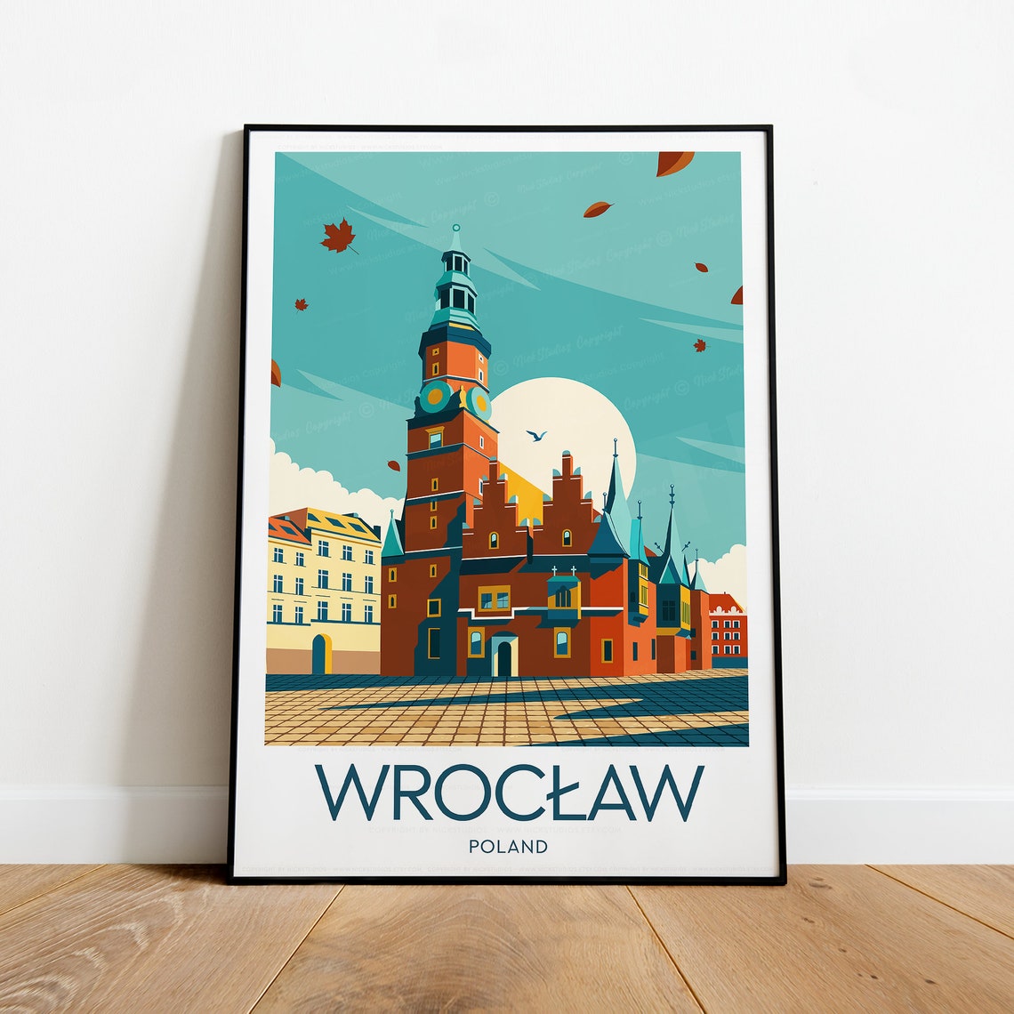 Wroclaw Poland Gothic Town Hall Falling Autumn Leaves Travel Poster