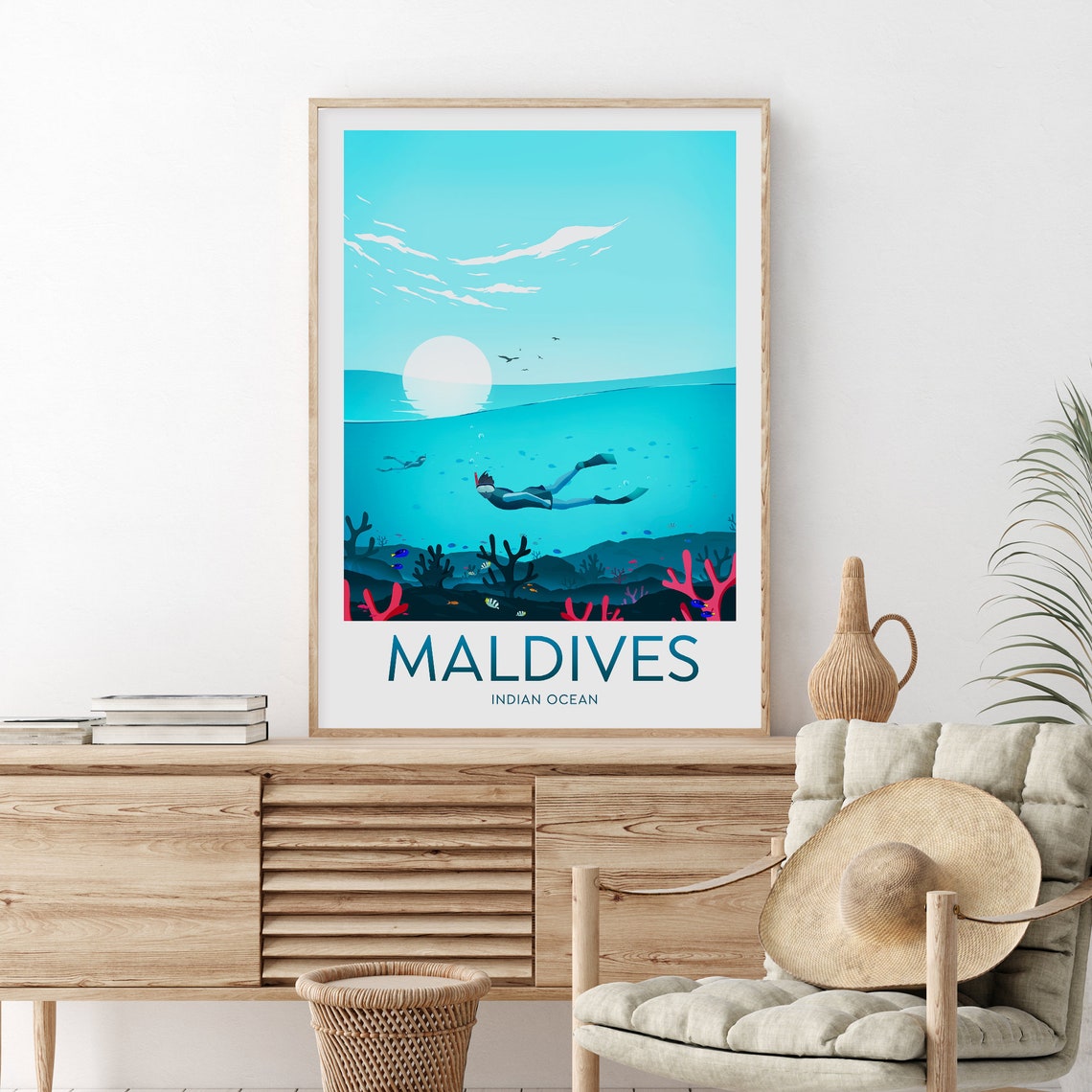 Maldives Indian Ocean Snorkeling Diver Over Coral Reef Travel Poster - Image 2